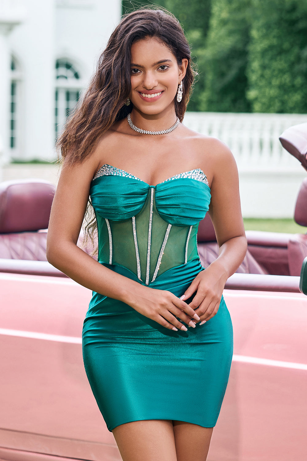 Unique Strapless Dark Green Pleated Beaded Corset Tight Mini Dress - Image 5