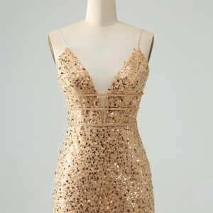Unique Sparkly Golden Tight Spaghetti Strap Mini Dress with Sequins