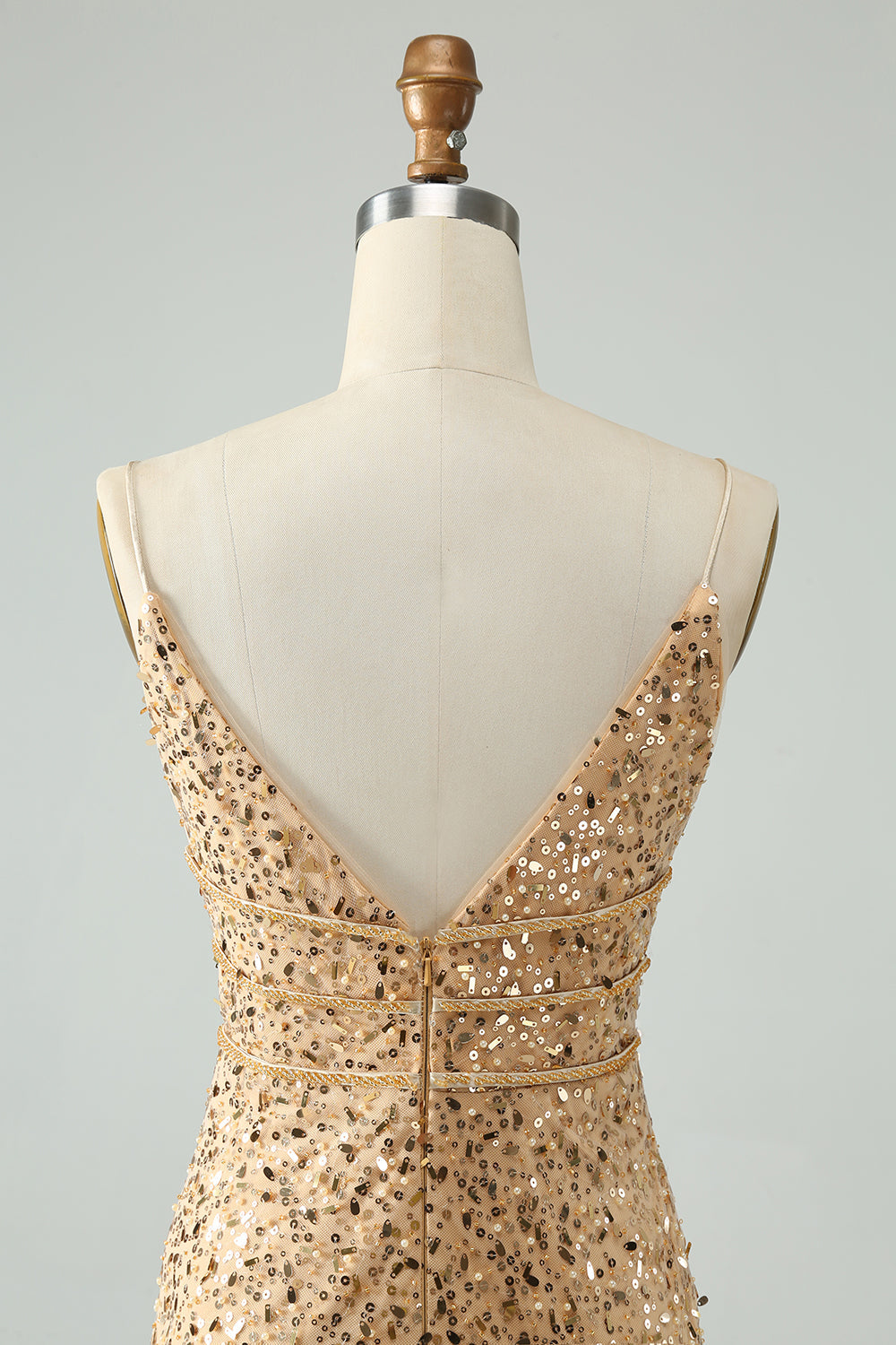 Unique Sparkly Golden Tight Spaghetti Strap Mini Dress with Sequins - Image 5