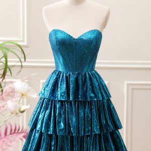 Unique Peacock Blue Strapless Tiered Pleated Corset A Line Mini Dress