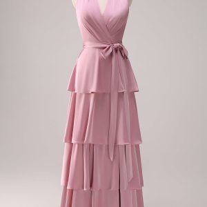 Tiered Pink A Line Halter Maxi Dress with Sash