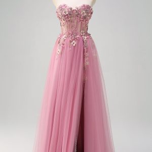Taro A Line Corset Slit Strapless Prom Dress with Flower Appliques