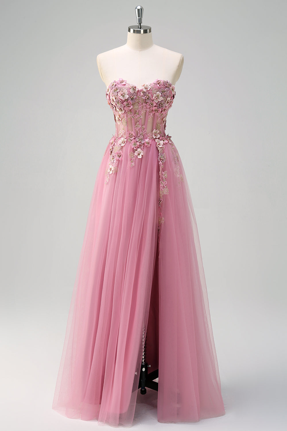 Taro A Line Corset Slit Strapless Prom Dress with Flower Appliques