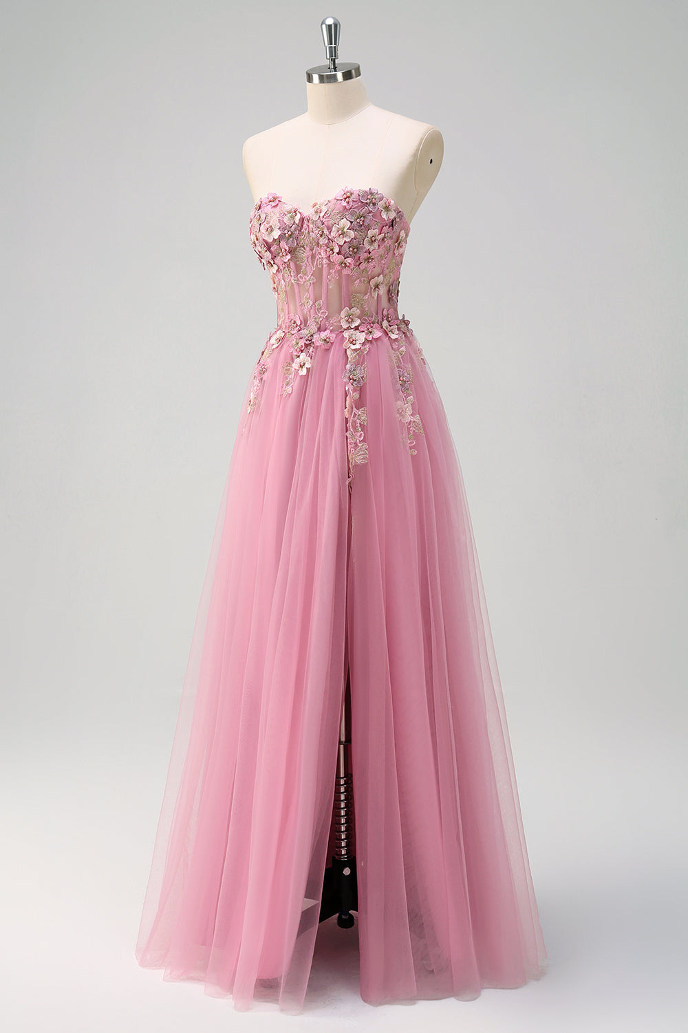 Taro A Line Corset Slit Strapless Prom Dress with Flower Appliques - Image 3