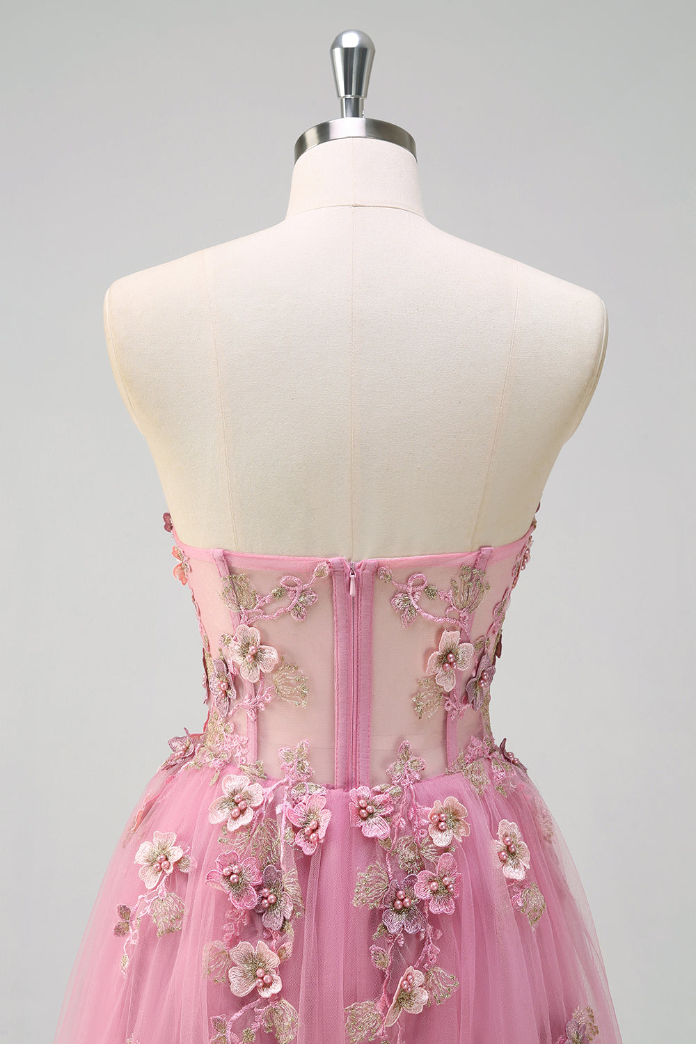 Taro A Line Corset Slit Strapless Prom Dress with Flower Appliques - Image 5