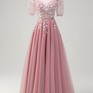 A Line V Neck Sequined Appliqued Tulle Blush Prom Dress with Short Sleeves