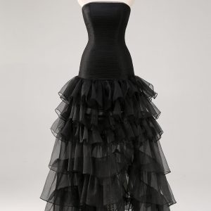 Tiered Strapless Ruffled Black Formal Dress with Slit