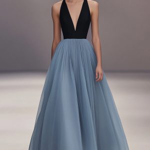 V Neck Black Blue Pleated Tulle Long Formal Dress