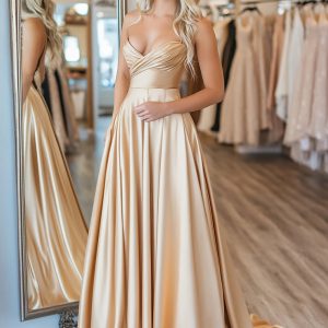 Sweetheart Ruched A Line Gold Satin Prom Dress