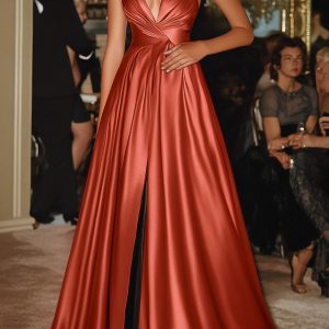 Terracotta Spaghetti Straps A-Line Satin Long Military Ball Dress with Slit