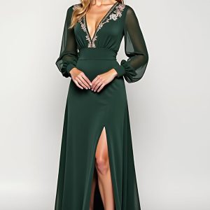 V-Neck A Line Embroidered Long Sleeve Green Formal Dress With Slit