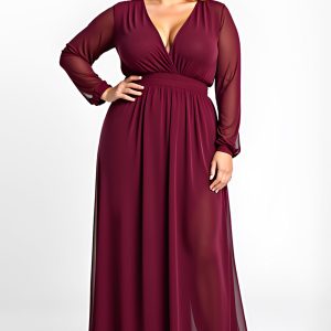 V-Neck Burgundy A Line Plus Size Long Sleeve Formal Dress