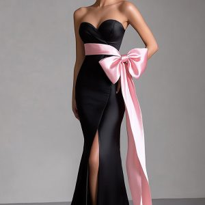 Sweetheart Bow Sash Mermaid Black Tie Dress with Slit
