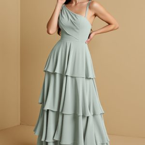 Tiered A-Line Long Sage Green Bridesmaid Dress