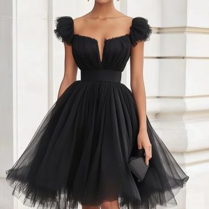 Tulle Ruched A Line Little Black Dress