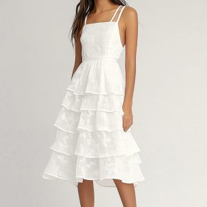 Tiered Ivory Lace A Line Midi Graduation Dress With Ruffles