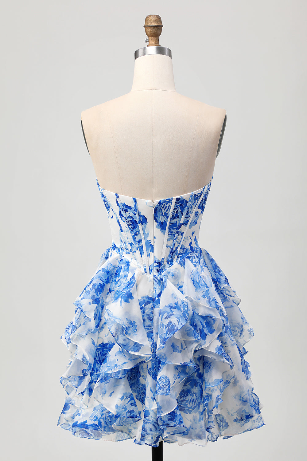 Sweetheart Ruffle A-Line Printed White Blue Homecoming Dress With Bow - Image 4