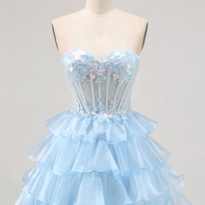 Tiered A Line Sequin Strapless Corset Blue Homecoming Dress