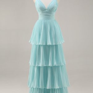Tiered A Line Pleated Green Prom Dress