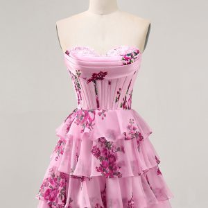 Pink Floral A Line Strapless Tiered Corset Homecoming Dress with Lace Up Back