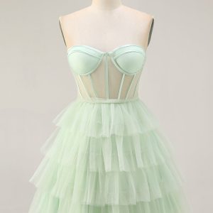 Tiered A-Line Corset Strapless Light Green Homecoming Dress