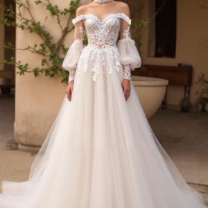 Tulle A-Line Ivory Off The Shoulder Wedding Dress With Appliques