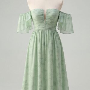 Off The Shoulder Printed Sage Green Midi Homecoming Dress
