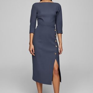 Twilight Sheath 3/4 Sleeve Midi Work Dress With Slit