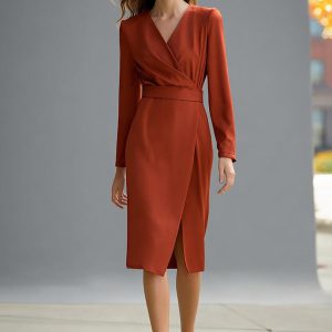 Terracotta V-Neck Long Sleeve Sheath Work Dress With Slit
