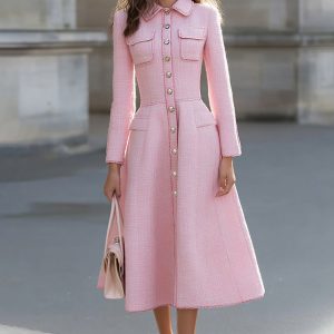 Tweed A-Line Pink Long Sleeve Midi Work Dress