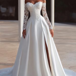 Off the Shoulder Long Sleeve Ivory Bridal Gown Dress With Lace