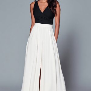 V-Neck A-Line Black and White Formal Dress With Slit