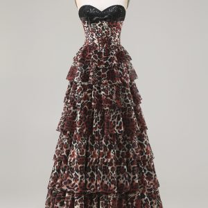 Sweetheart Brown Leopard Tiered Corset A-Line Prom Dress