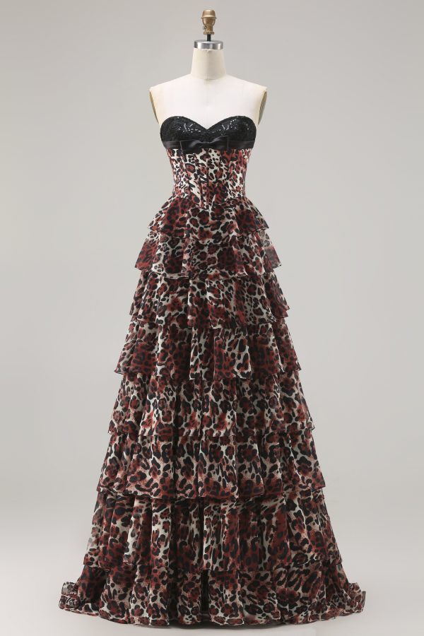 Sweetheart Brown Leopard Tiered Corset A-Line Prom Dress