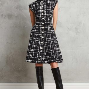 Tweed A-Line Black High Neck Work Dress