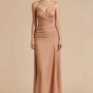 Terracotta Sheath Spaghetti Straps Ruched Maxi Dress