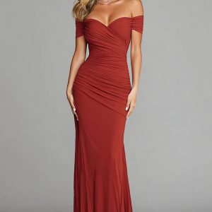 Terracotta Sheath Ruched Off The Shoulder Formal Dress