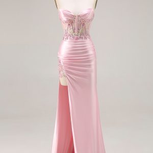 Sweetheart Corset Pink Appliqued Maxi Prom Dress With Slit
