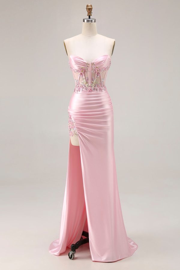 Sweetheart Corset Pink Appliqued Maxi Prom Dress With Slit