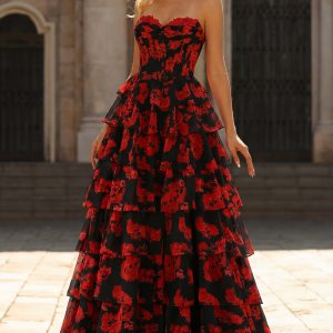 Tiered Black Red Floral Strapless Corset Prom Dress