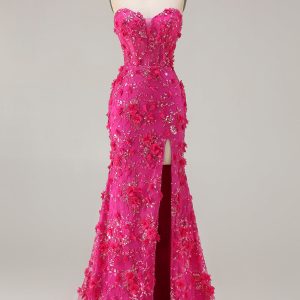 Sweetheart Fuchsia Mermaid Appliqued Prom Dress With Slit