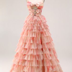 Tiered Spaghetti Straps Sunset Cut Out Prom Dress with Bows