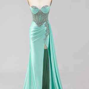 Sweetheart Mermaid Mint Green Beaded Satin Prom Dress With Slit