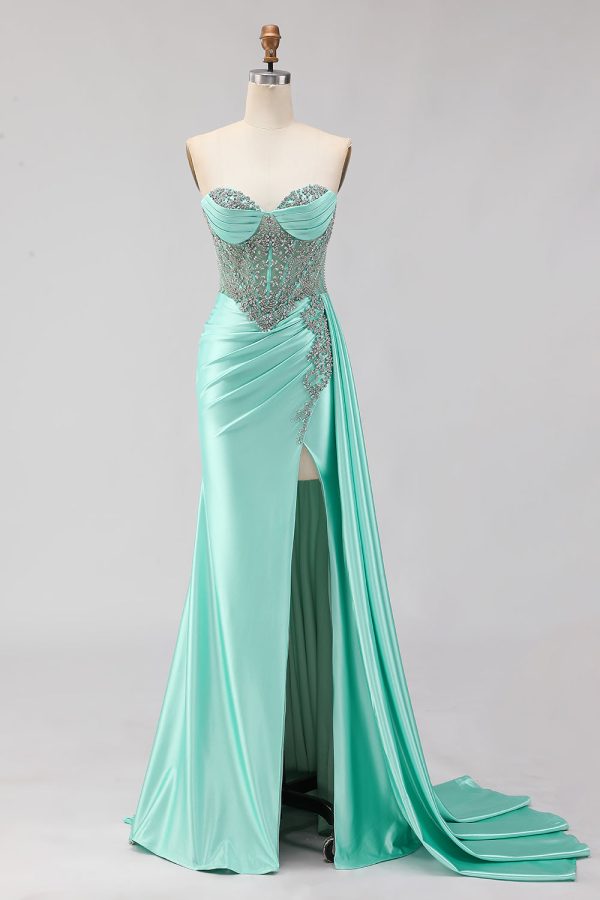 Sweetheart Mermaid Mint Green Beaded Satin Prom Dress With Slit