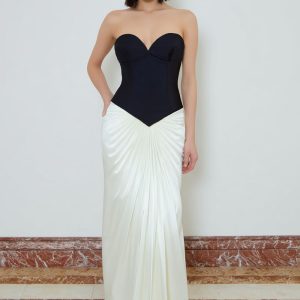Sweetheart Sheath Ruched Black and White Maxi Formal Dress