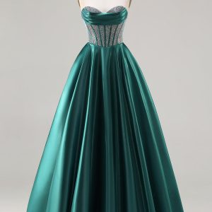 Sweetheart Dark Green Princess Corset Prom Dress With Beading