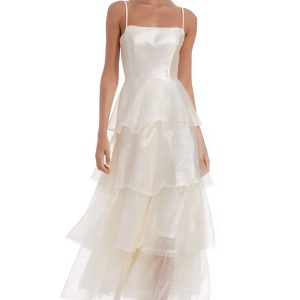 Tiered Spaghetti Straps Satin Midi White Dress