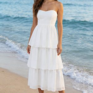 Tiered Strapless White Midi Engagement Dress