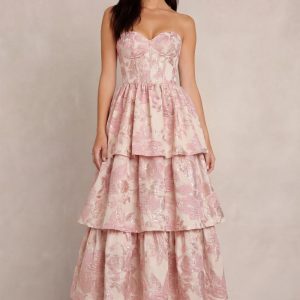 Tiered Strapless Blush Floral Brocade Wedding Guest Dress