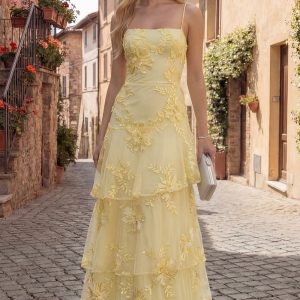 Tiered Appliqued Yellow Maxi Prom Dress